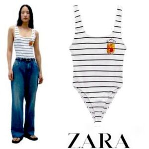 NWOT Zara Black and White Sleeveless Body Suit with Embroidery Detail Size Large